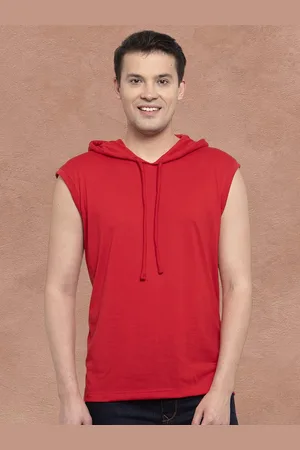 Friskers Men Red Cotton Solid Hoodie T-shirt