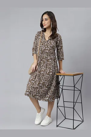 Janasya Women Pure Cotton Floral Printed Angrakha Dress
