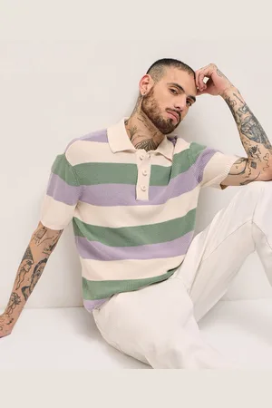 The Bear House Men Striped Polo Collar Cotton T-shirt