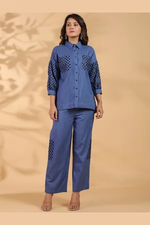 AUTUMN LANE Embroidered Shirt Collar Three-Quarter Sleeves Top With Trouser