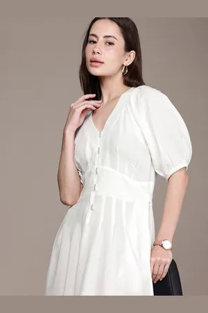 French Connection Textured Puffed Raglan Sleeve A-Line Midi Dress