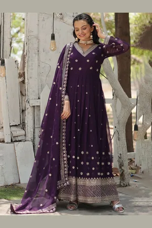 Ethnic Yard Floral Embroidered Zari Georgette Anarkali Kurta With Dupatta