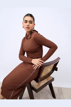 Styli Women Brown Self Design High Neck Bodycon Midi Dress