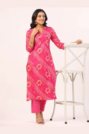 PIROH Bandhani Printed Mandarin Collar Pure Cotton Straight Kurta with Trousers