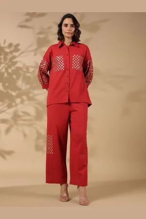 AUTUMN LANE Embroidered Shirt Collar Three-Quarter Sleeves Top With Trouser