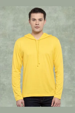 Friskers Men Yellow Cotton Solid Hoodie T-shirt