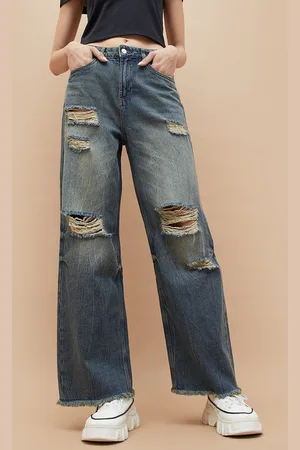 Lifestyle Women Slash Knee Wide Leg Cotton Jeans