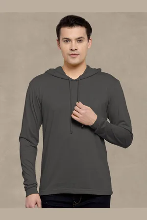 Friskers Men Dark Grey Cotton Solid Hoodie T-shirt