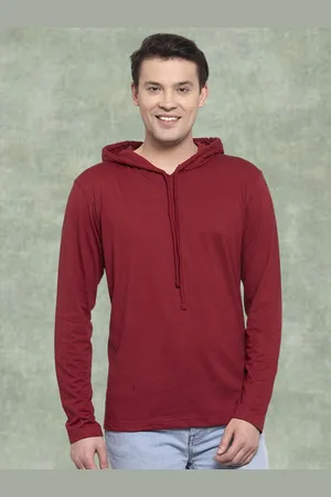 Friskers Men Maroon Cotton Solid Hoodie T-shirt