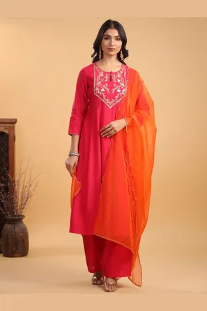 Janasya Women Floral Embroidered Gotta Patti Chanderi Silk Anarkali Kurta Set