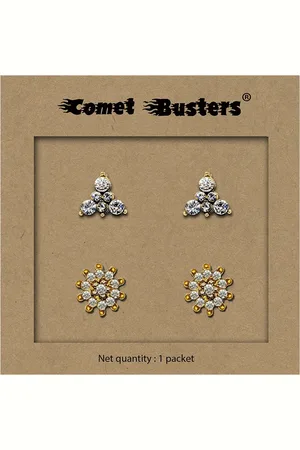 Comet Busters Set Of 2 Gold-Plated Contemporary Non Piercing Self Adhesive Studs Earrings