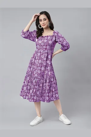 Janasya Floral Print Puff Sleeve Fit & Flare Midi Dress