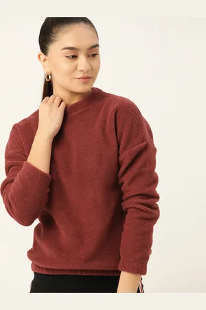 DressBerry Women Maroon Solid Sherpa Sweatshirt