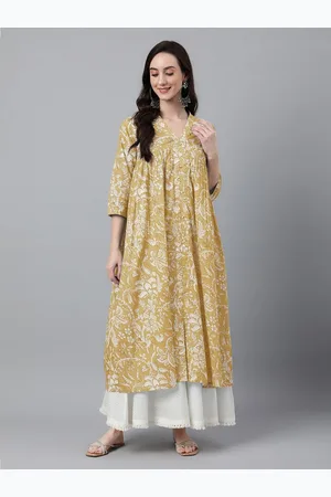 Janasya Floral Printed Pure Cotton V-Neck Anarkali Kurta