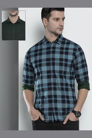 The Indian Garage Co Men Blue & Olive Green Comfort Fit Checked Reversible Cotton Shirt