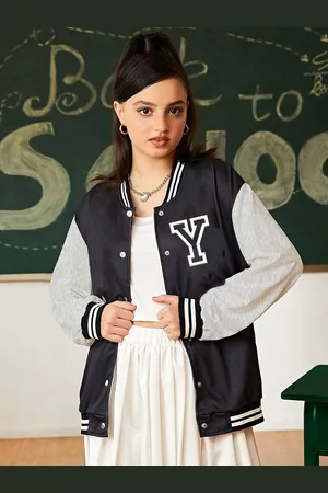 BAESD Girls Typography Fleece Crop Outdoor Varsity Jacket with Patchwork