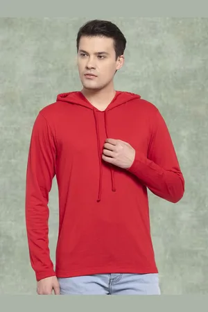Friskers Men Red Cotton Solid Hoodie T-shirt
