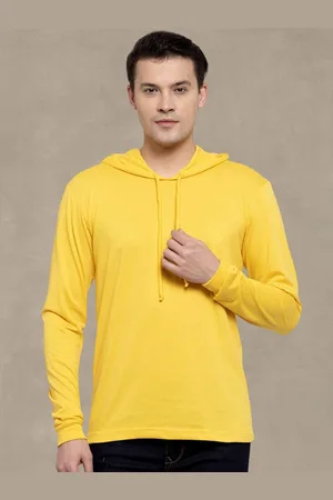 Friskers Men Yellow Cotton Solid Hoodie T-shirt