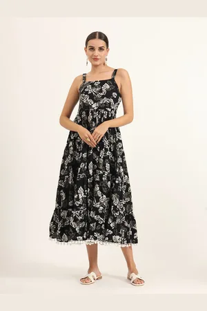 BAESD Floral Printed with Pom-Pom Detail Cotton Fit & Flare Midi Dress
