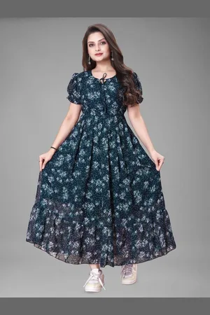 BAESD Women Floral Print Keyhole Neck Puff Sleeve Georgette Maxi Dress