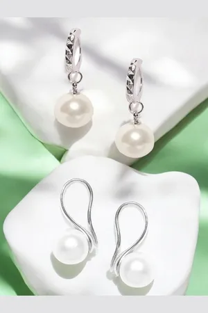 DressBerry Set of 2 Silver Toned Pearls Hoop Earrings