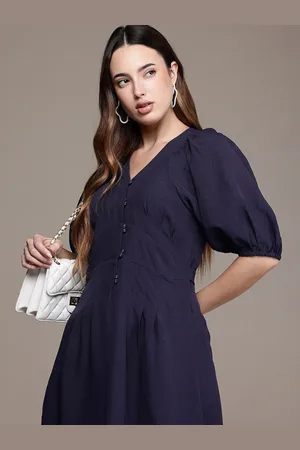 French Connection Textured Puffed Raglan Sleeve A-Line Midi Dress