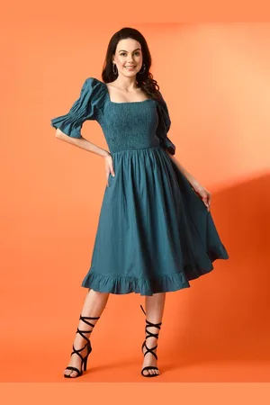 all about you Puff Sleeve Smocked Fit & Flare Midi Dress