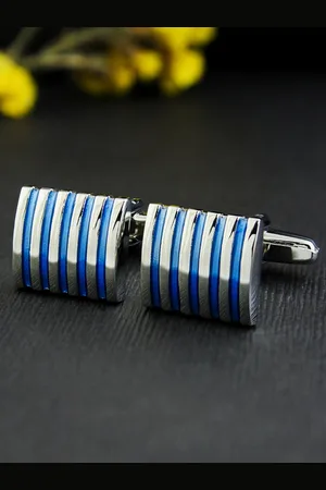 PELUCHE Unisex Blue & Silver-Plated Enamel Striped Square Cufflinks