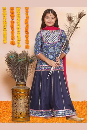 Bhama Girls Floral Printed Cotton Ready to Wear Lehenga & Blouse with Dupatta