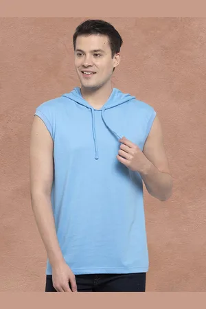 Friskers Men Turquoise Blue Cotton Solid Hoodie T-shirt