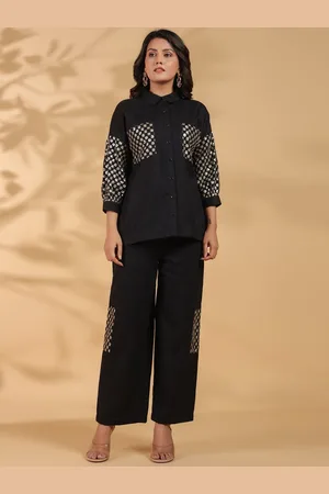 AUTUMN LANE Embellished Shirt Collar Three-Quarter Sleeves Top With Palazzo