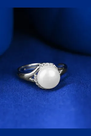 CLARA 925 Sterling Silver Platinum-Plated CZ Stone Studded Pearl Finger Ring