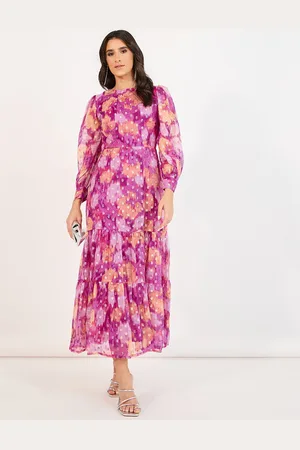 Styli Women Floral Print Round Neck Puff Sleeves Tiered Maxi Dress