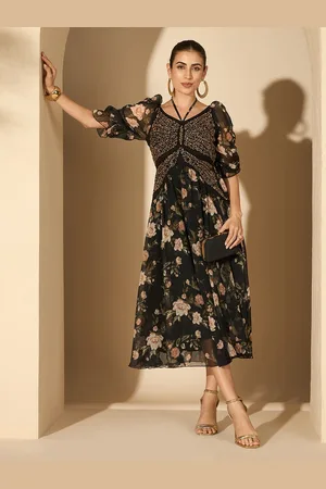 Antheaa Women Embellished Floral Printed Three-Quarter Sleeves Dress