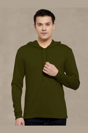 Friskers Men Olive Cotton Solid Hoodie T-shirt
