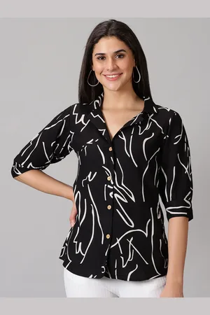 DRESSAR Women Standard Cuban Collar Abstract Printed Casual Shirt