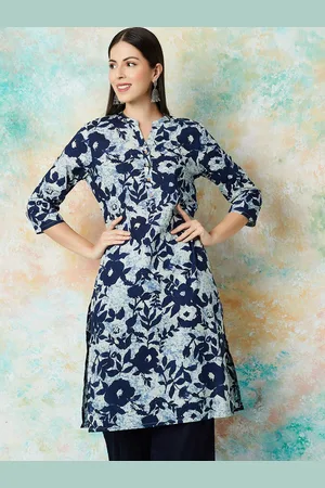 Lifestyle Floral Printed Mandarin Collar Cotton Straight Kurta