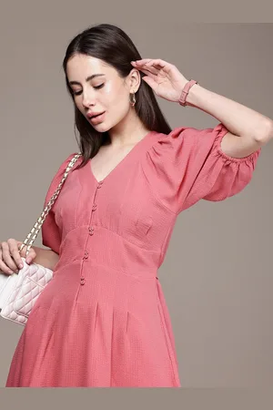 French Connection Textured Puffed Raglan Sleeve A-Line Midi Dress