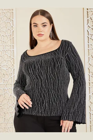 Styli Plus Size Embellished Abstract Textured Bell Sleeve Fitted Knit Top