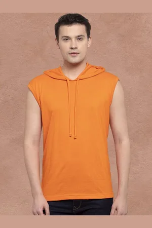 Friskers Men Orange Cotton Solid Hoodie T-shirt