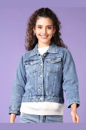 V-Mart Women Spread Collar Washed Solid Cotton Casual Denim Jacket