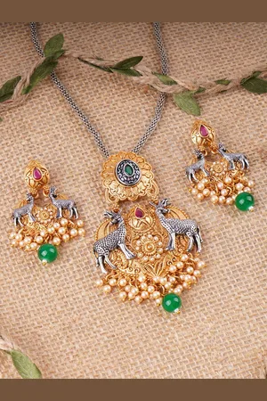 Adwitiya Collection Silver Plated Ruby Stone Studded & Beaded Necklace and Earrings