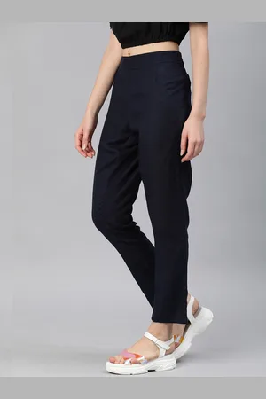 HERE&NOW Women Navy Blue Regular Fit Solid Cropped Peg Trousers