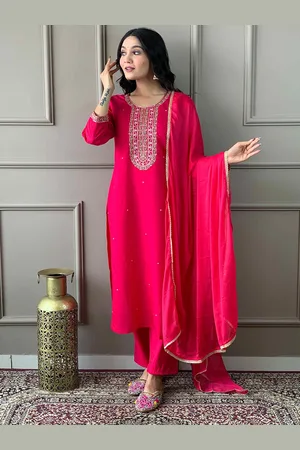 HERE&NOW Women Embroidered Regular Thread Work Chanderi Silk Kurti with Trousers & With Dupatta