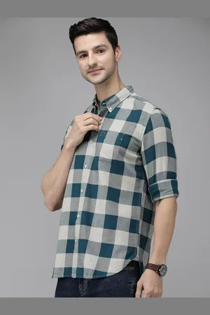 The Bear House Men Teal Blue Pure Cotton Checked Slim Fit Flannel Shirt
