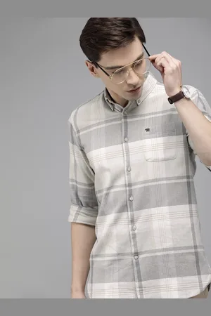 The Bear House Men Grey Slim Fit Pure Cotton Checked Casual Shirt