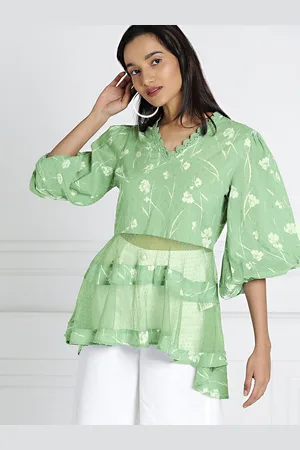 all about you Women Green & White Printed Semi Sheer High-Low Top