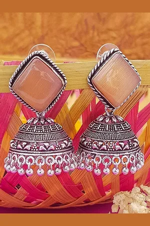 GRIIHAM Silver-Plated American Diamond Studded Dome Shaped Oxidised Jhumkas