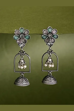 ATIBELLE Silver-Plated Dome Shaped German Silver Stone Studded & Beaded Oxidised Jhumkas