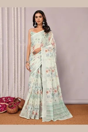 Kalini Women Light Green Linen Blend Floral Printed Daily Wear Saree with Blouse Piece